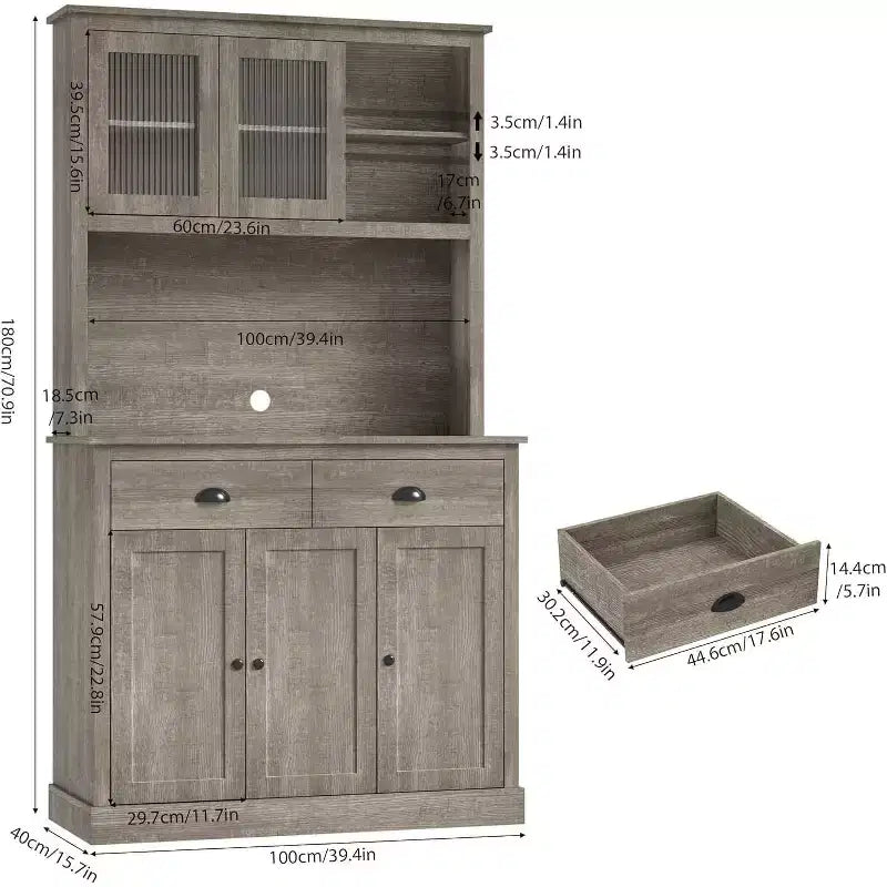 Armoire de cuisine 5 portes, garde-manger de 180 cm de haut avec support pour micro-ondes, armoire de cuisine moderne, gris rustique