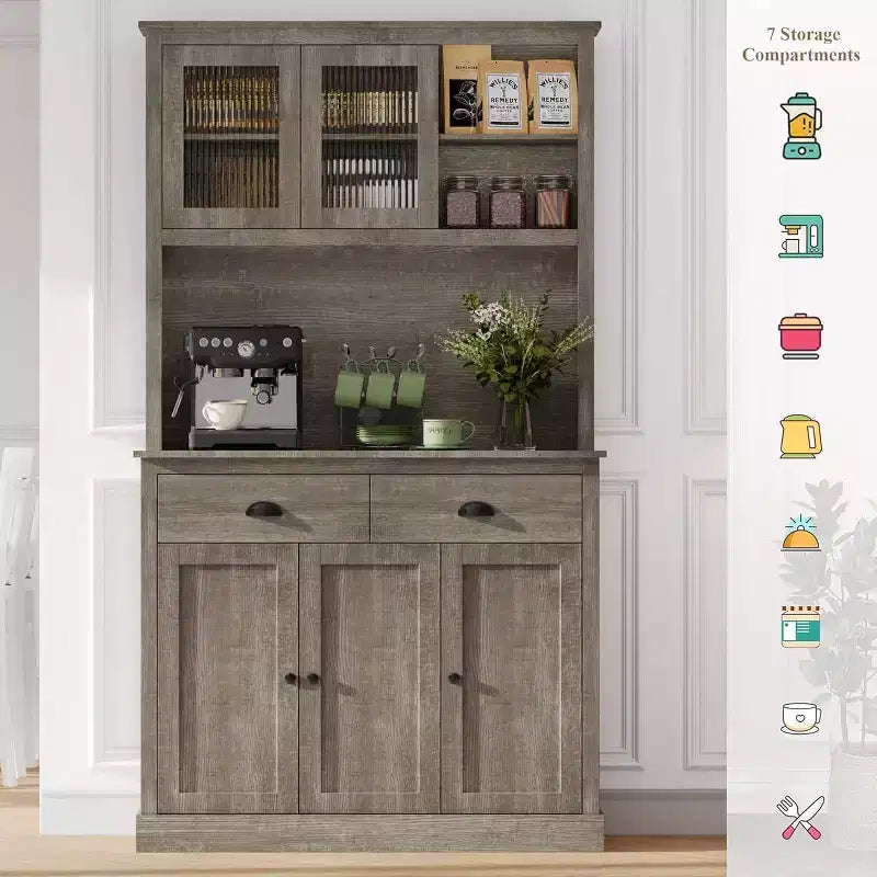 Armoire de cuisine 5 portes, garde-manger de 180 cm de haut avec support pour micro-ondes, armoire de cuisine moderne, gris rustique
