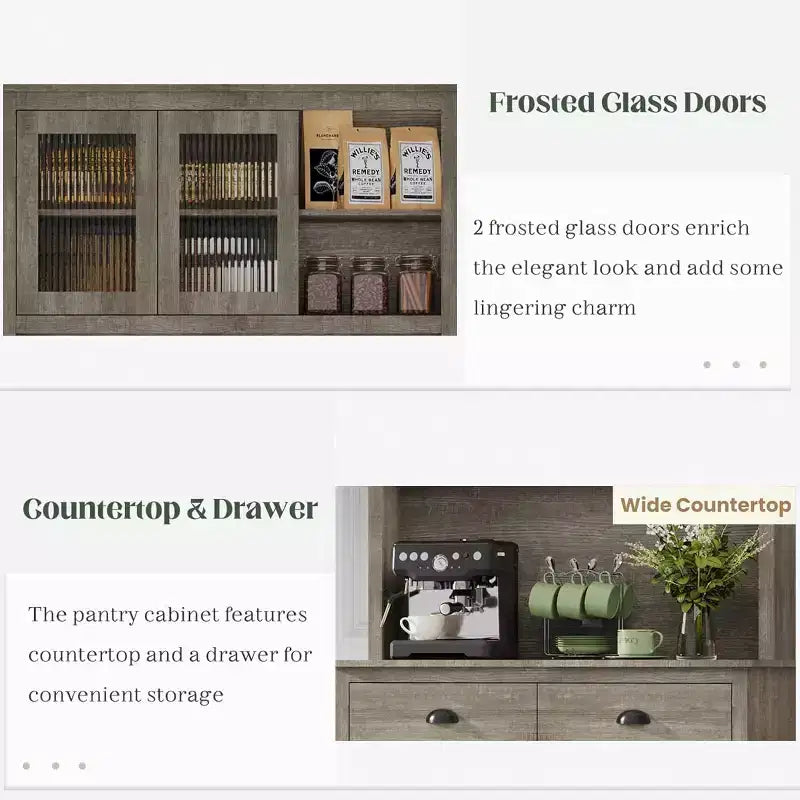 Armoire de cuisine 5 portes, garde-manger de 180 cm de haut avec support pour micro-ondes, armoire de cuisine moderne, gris rustique
