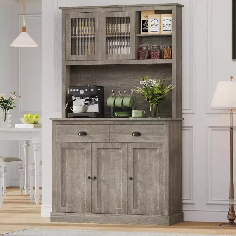 Armoire de cuisine 5 portes, garde-manger de 180 cm de haut avec support pour micro-ondes, armoire de cuisine moderne, gris rustique