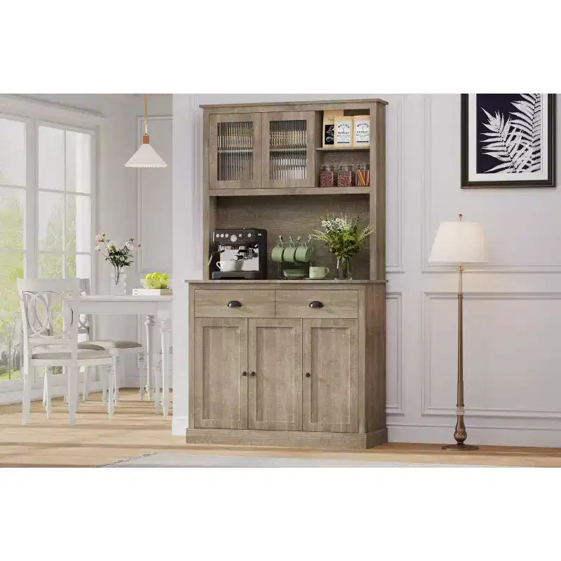 Armoire de cuisine 5 portes, garde-manger de 180 cm de haut avec support pour micro-ondes, armoire de cuisine moderne, gris rustique