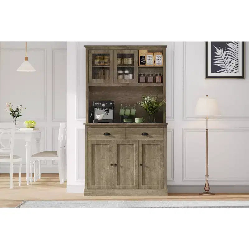 Armoire de cuisine 5 portes, garde-manger de 180 cm de haut avec support pour micro-ondes, armoire de cuisine moderne, gris rustique