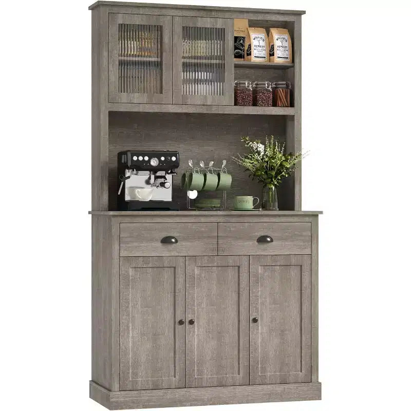 Armoire de cuisine 5 portes, garde-manger de 180 cm de haut avec support pour micro-ondes, armoire de cuisine moderne, gris rustique
