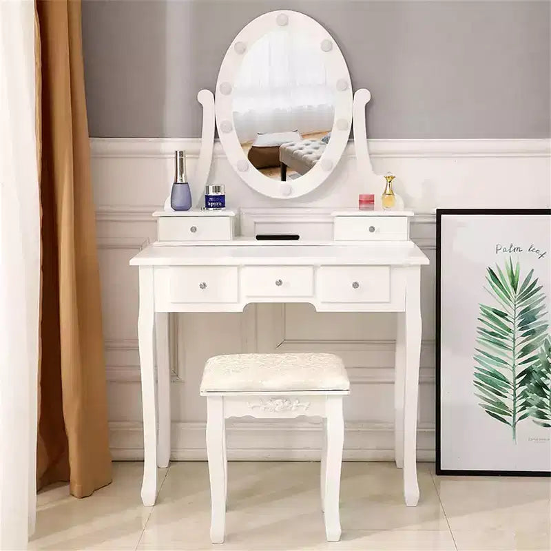 Coiffeuse 5 tiroirs avec miroir simple et ampoule, accessoires de maison
