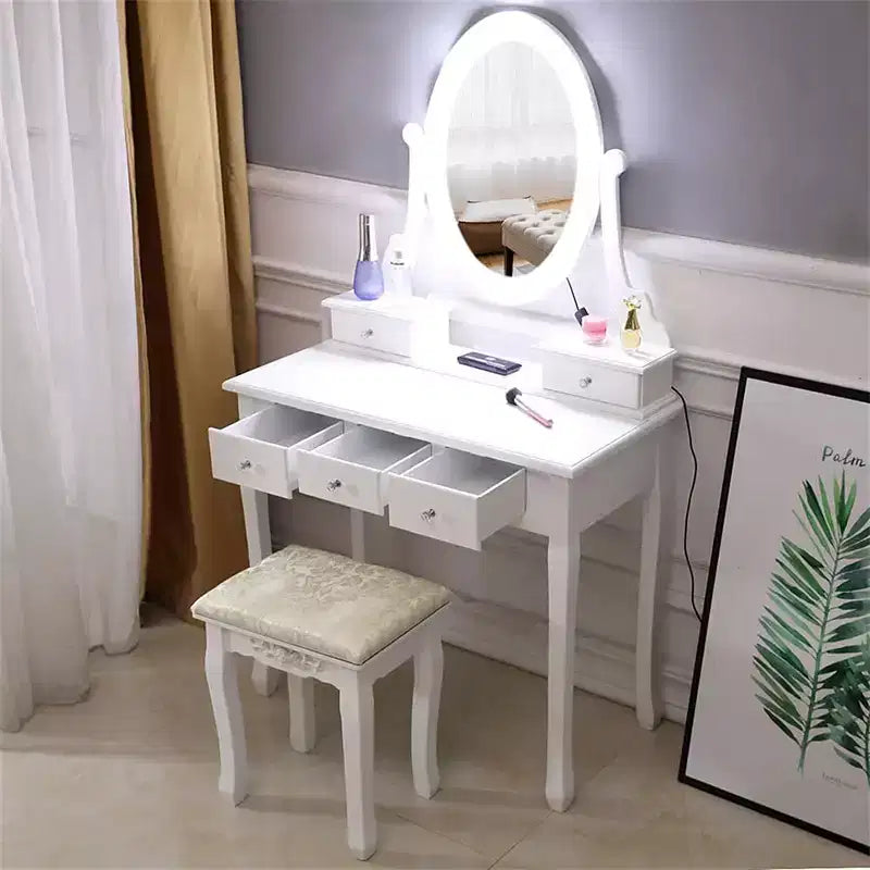 Coiffeuse 5 tiroirs avec miroir simple et ampoule, accessoires de maison
