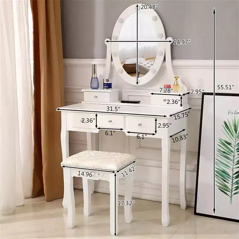 Coiffeuse 5 tiroirs avec miroir simple et ampoule, accessoires de maison