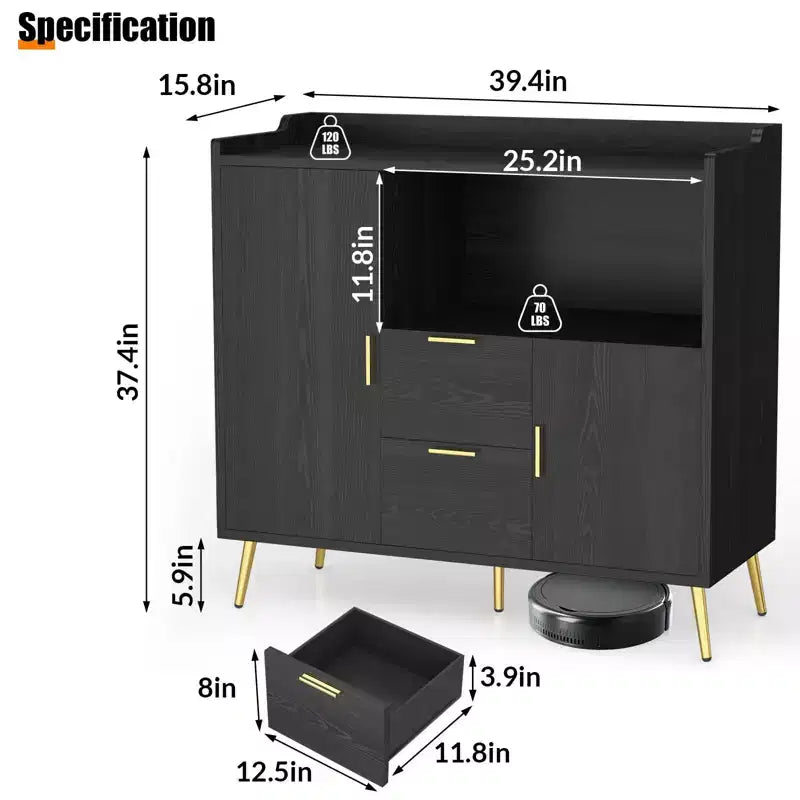 Meuble micro-ondes de 40 po, buffet de cuisine avec 2 tiroirs, 2 portes et étagères réglables pour la maison