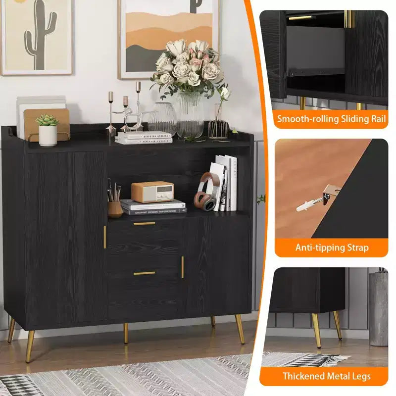 Meuble micro-ondes de 40 po, buffet de cuisine avec 2 tiroirs, 2 portes et étagères réglables pour la maison