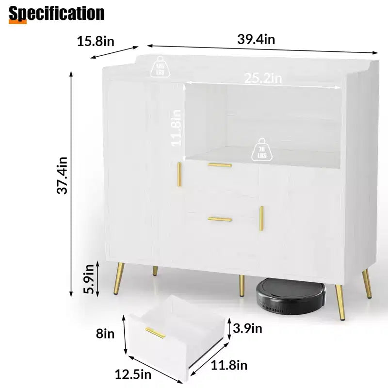 Meuble micro-ondes de 40 po, buffet de cuisine avec 2 tiroirs, 2 portes et étagères réglables pour la maison