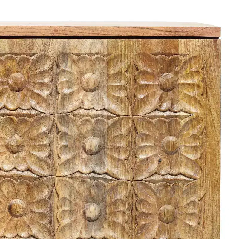 Buffet de rangement en bois d'acacia fait main avec accents floraux sculptés, 2 portes et étagères