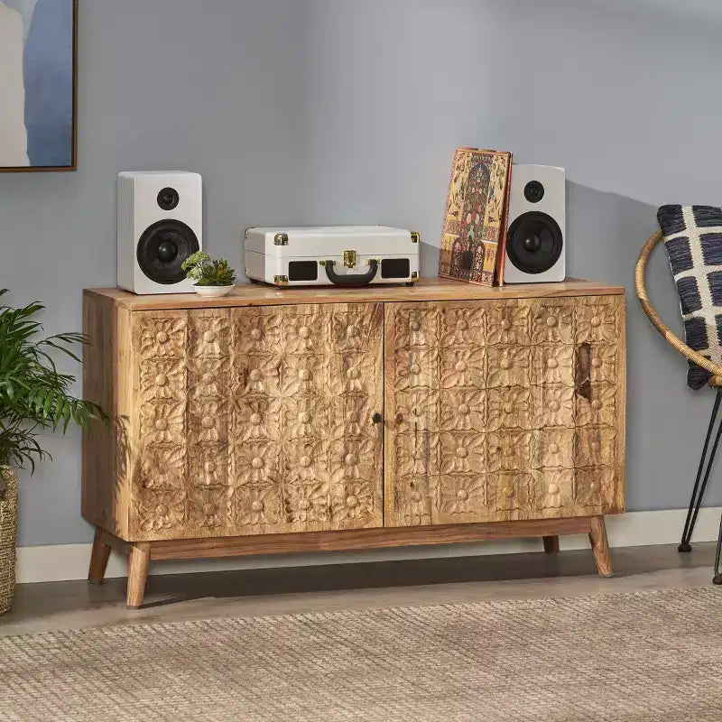 Buffet de rangement en bois d'acacia fait main avec accents floraux sculptés, 2 portes et étagères