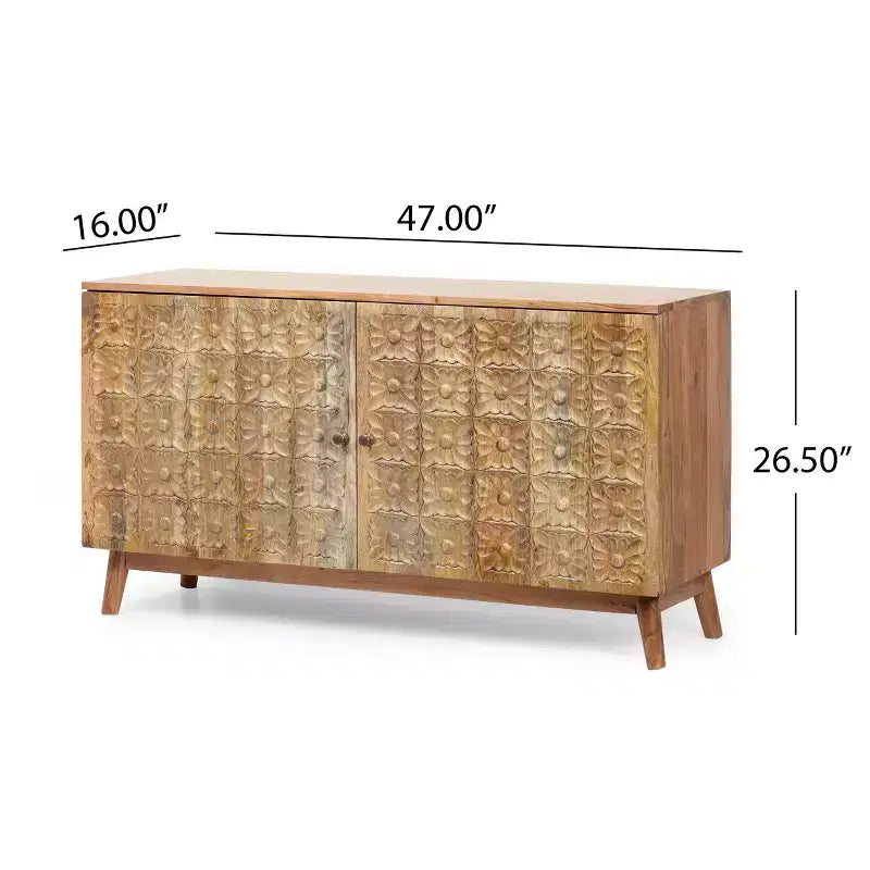 Buffet de rangement en bois d'acacia fait main avec accents floraux sculptés, 2 portes et étagères