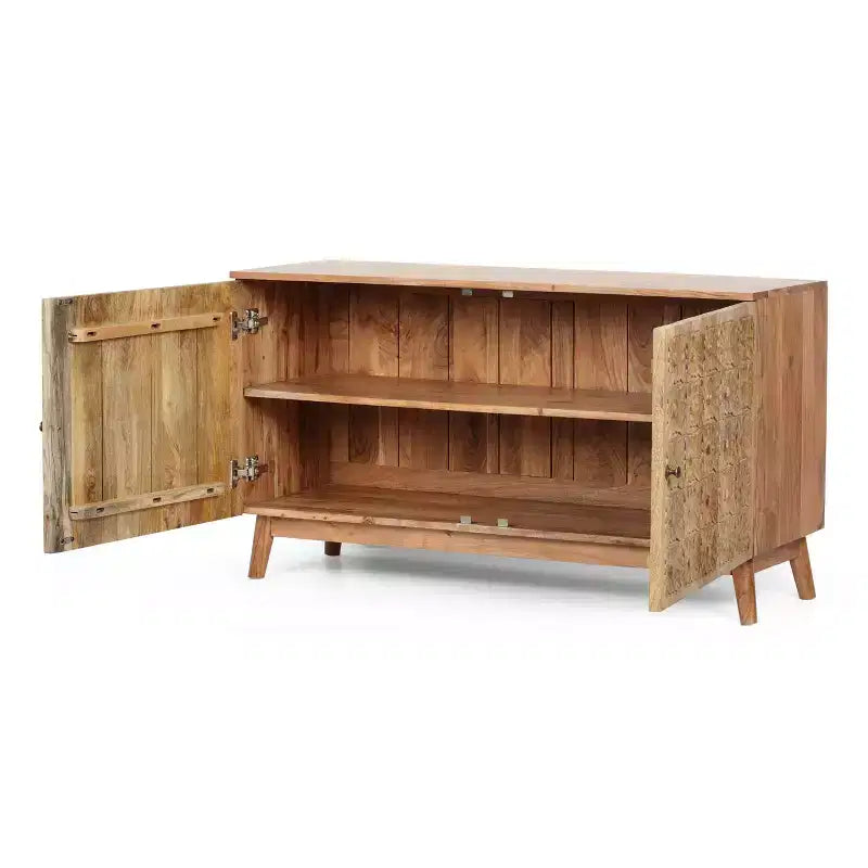 Buffet de rangement en bois d'acacia fait main avec accents floraux sculptés, 2 portes et étagères