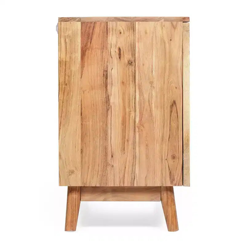 Buffet de rangement en bois d'acacia fait main avec accents floraux sculptés, 2 portes et étagères