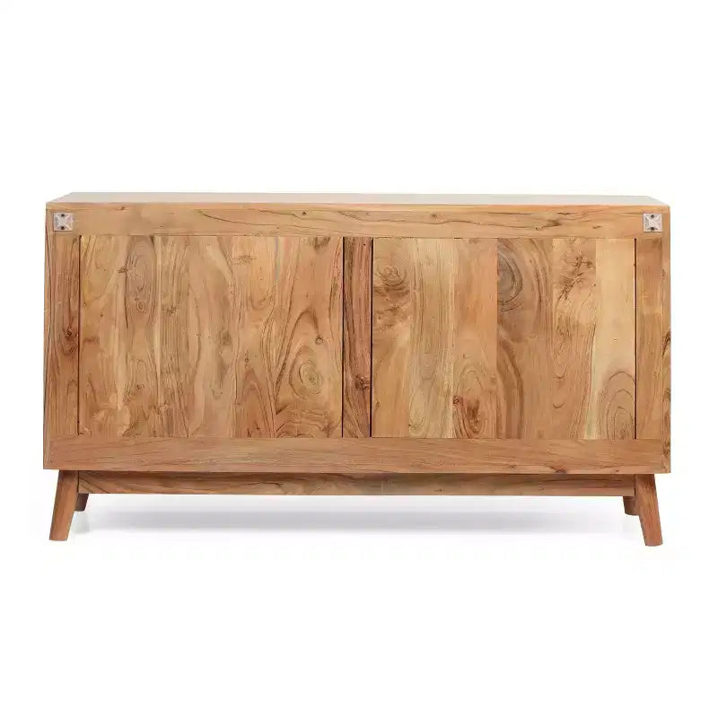 Buffet de rangement en bois d'acacia fait main avec accents floraux sculptés, 2 portes et étagères