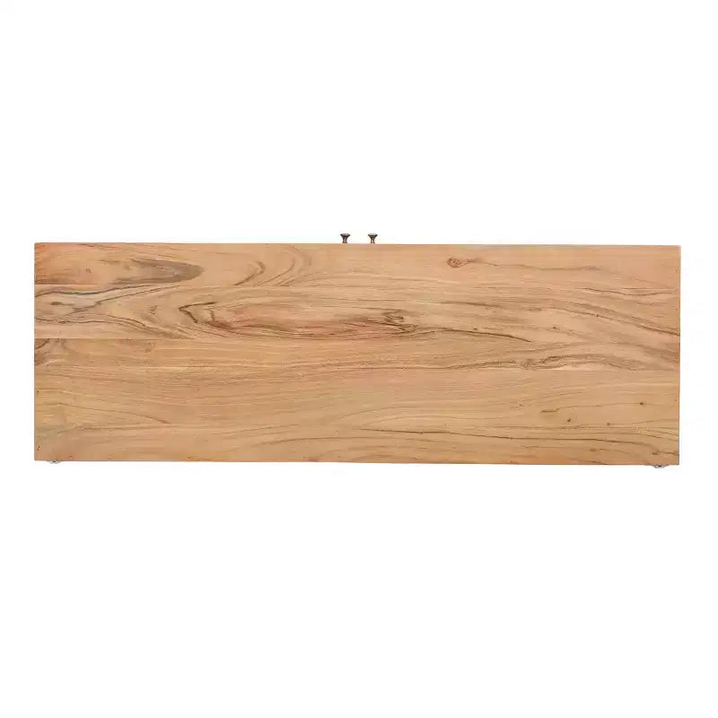Buffet de rangement en bois d'acacia fait main avec accents floraux sculptés, 2 portes et étagères