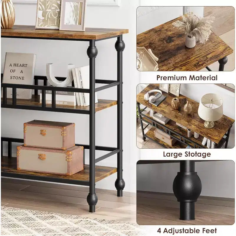 Console étroite de 43" à 3 niveaux avec étagères pour salon, couloir, chambre, marron rustique