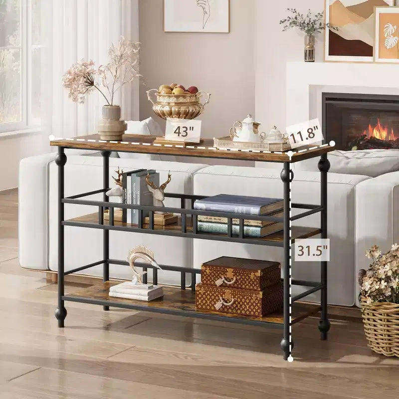Console étroite de 43" à 3 niveaux avec étagères pour salon, couloir, chambre, marron rustique