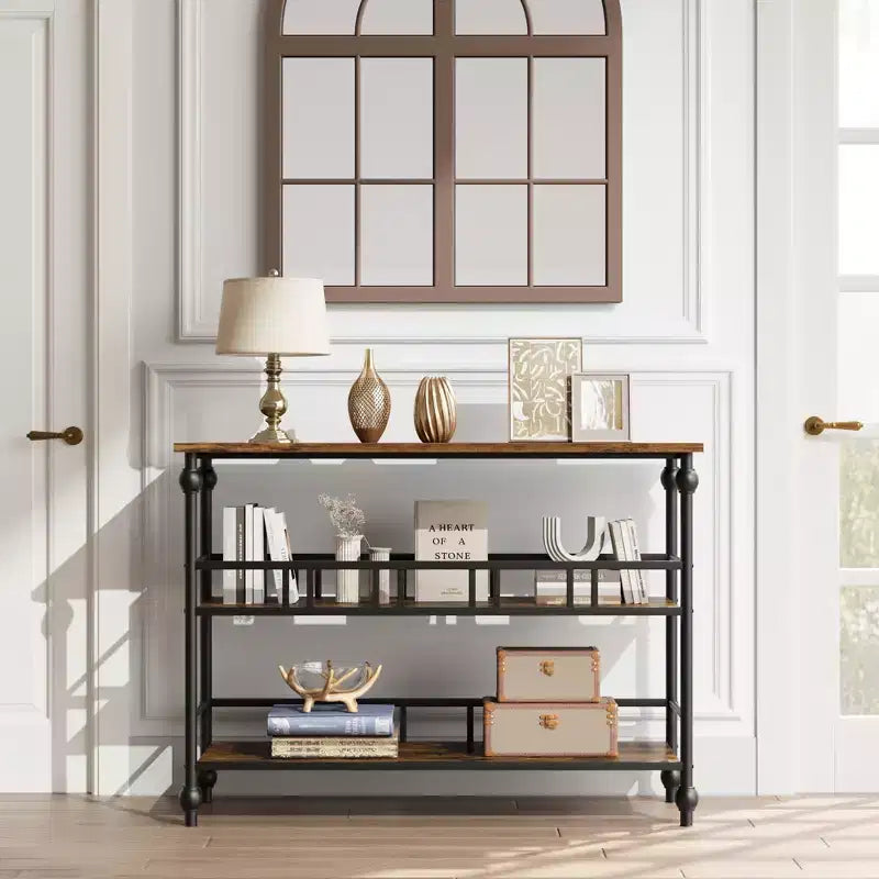 Console étroite de 43" à 3 niveaux avec étagères pour salon, couloir, chambre, marron rustique