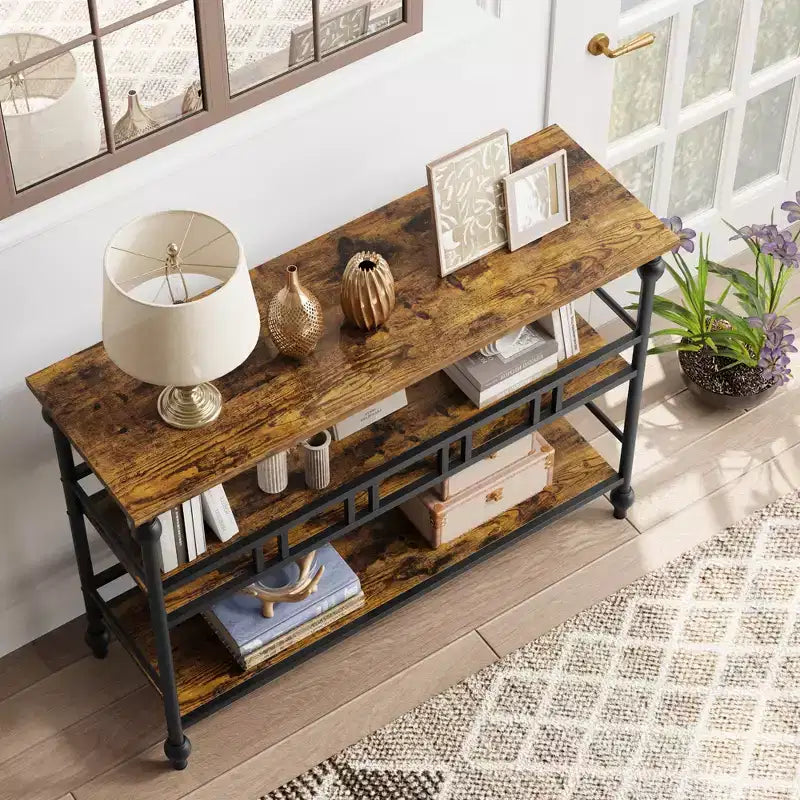 Console étroite de 43" à 3 niveaux avec étagères pour salon, couloir, chambre, marron rustique