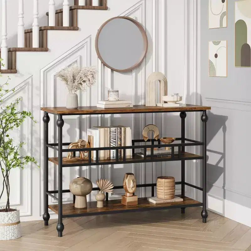 Console étroite de 43" à 3 niveaux avec étagères pour salon, couloir, chambre, marron rustique