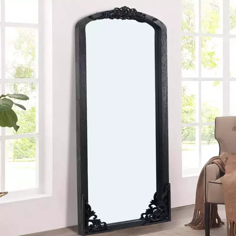 Miroir pleine longueur à cadre en bois massif arqué rustique 28"L x 67"H, noir
