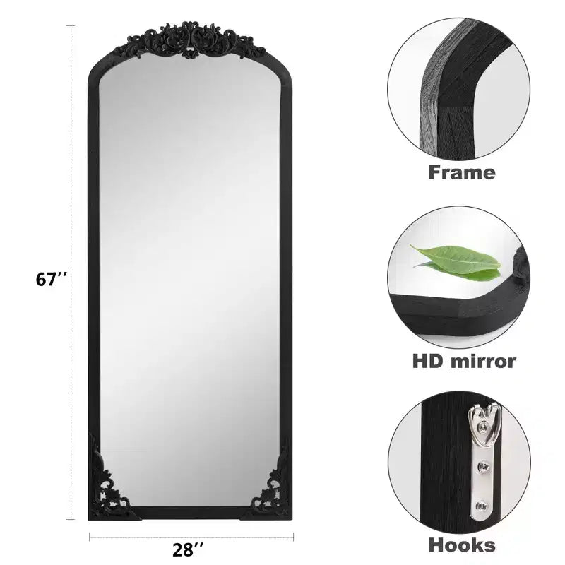 Miroir pleine longueur à cadre en bois massif arqué rustique 28"L x 67"H, noir