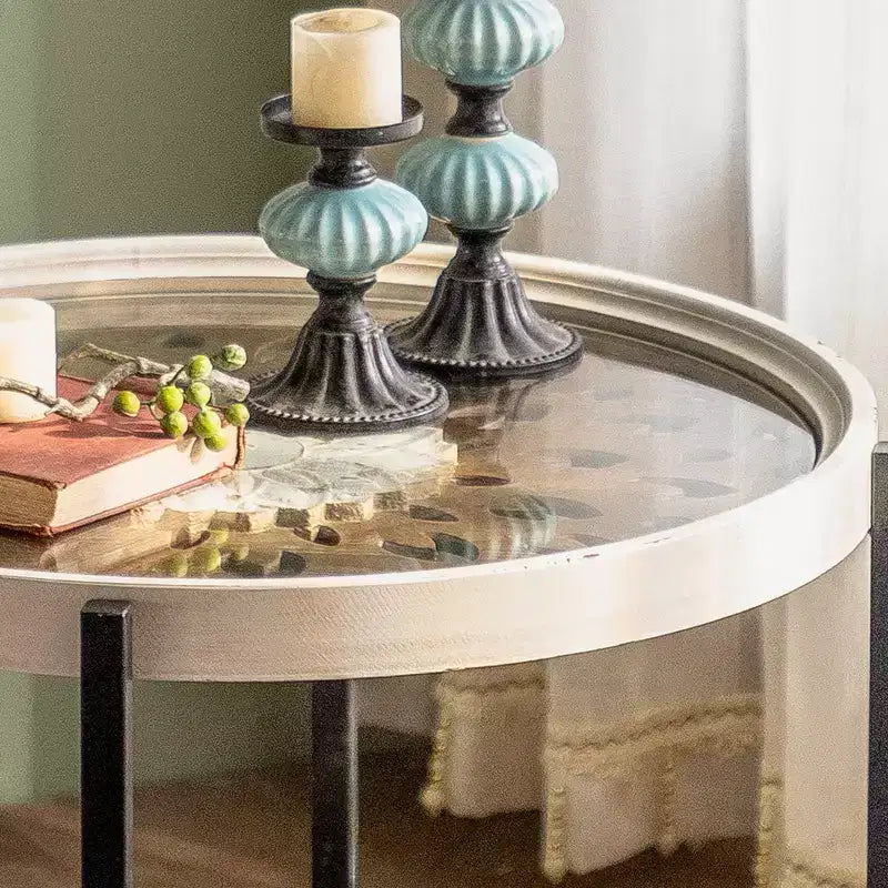 Table d'appoint à 2 niveaux avec plateau en verre et étagère de rangement, table d'appoint moderne pour chambre à coucher, décoration d'intérieur, patio