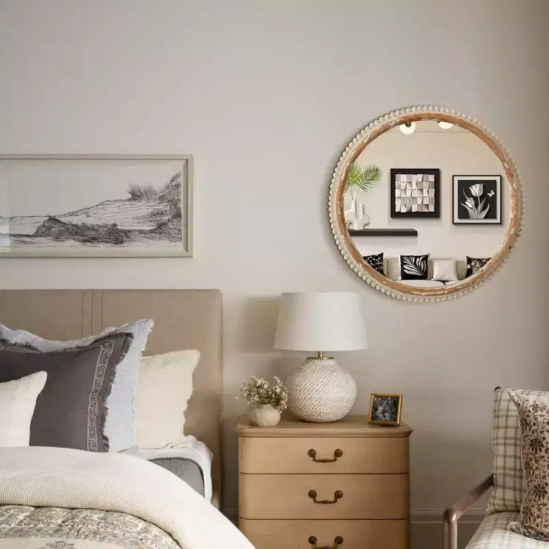 Miroir Mural Plat en Bois, Style Bohème Arqué avec Cadre en Bois Naturel
