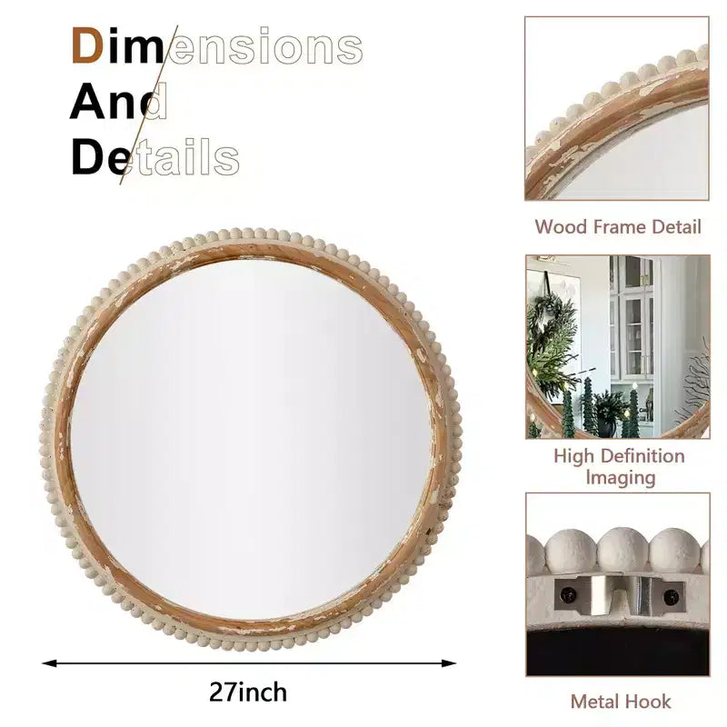 Miroir Mural Plat en Bois, Style Bohème Arqué avec Cadre en Bois Naturel