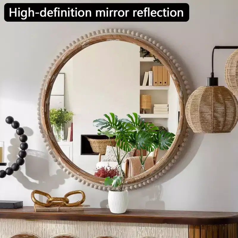 Miroir Mural Plat en Bois, Style Bohème Arqué avec Cadre en Bois Naturel