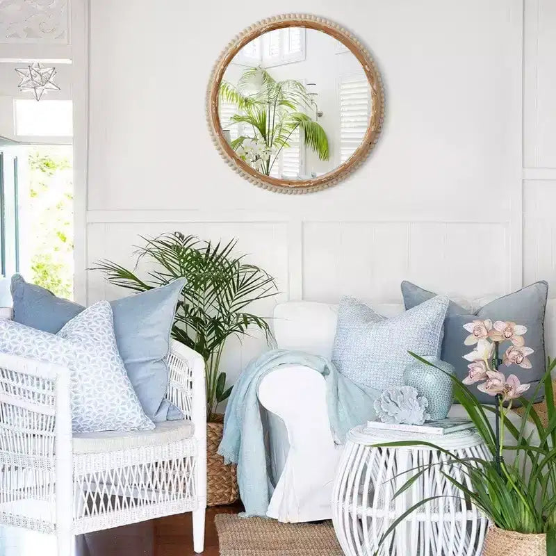 Miroir Mural Plat en Bois, Style Bohème Arqué avec Cadre en Bois Naturel