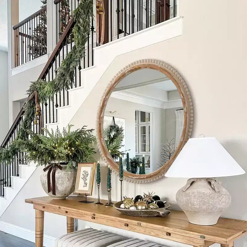 Miroir Mural Plat en Bois, Style Bohème Arqué avec Cadre en Bois Naturel