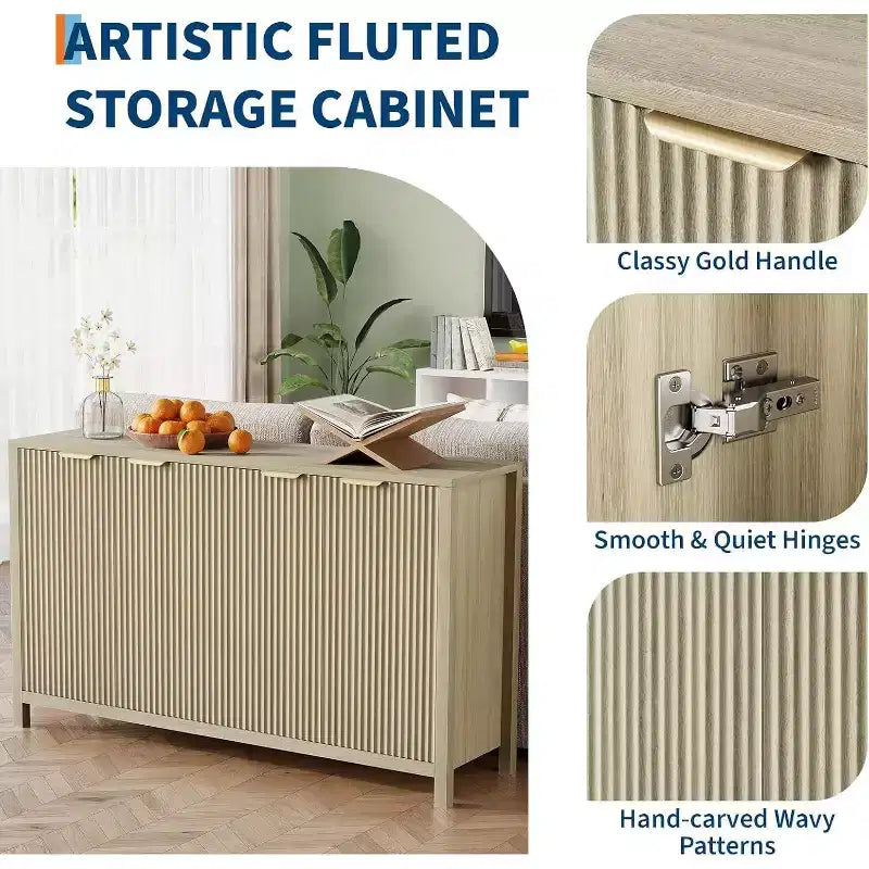 Buffet bahut cannelé, meuble de rangement moderne à 4 portes avec étagères réglables pour cuisine, salle à manger, salon ou entrée