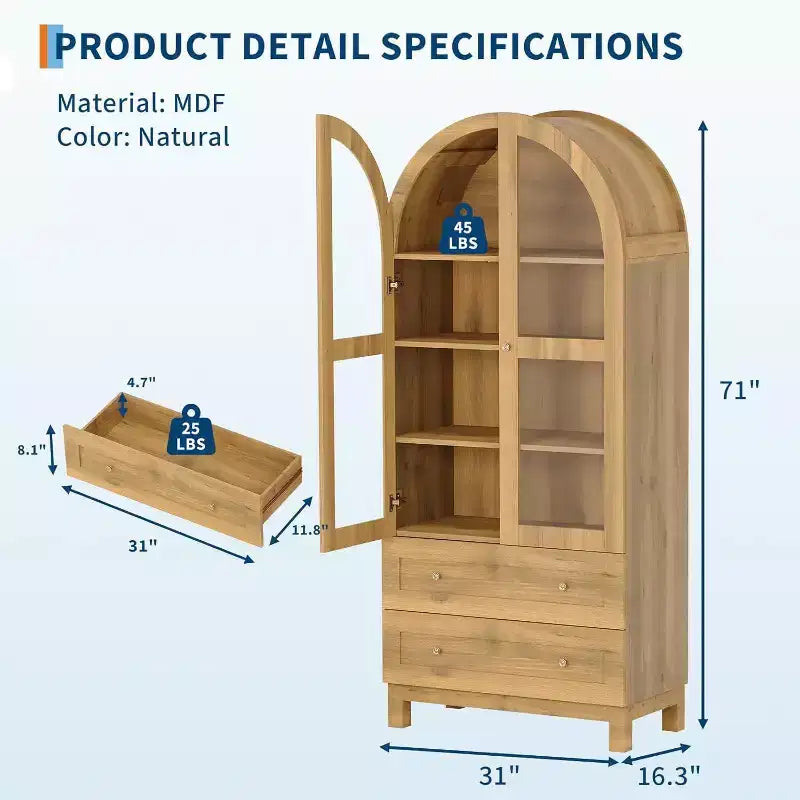 Meuble de rangement haut de cuisine de style campagnard avec tiroirs, étagères réglables et portes en acrylique, chêne clair