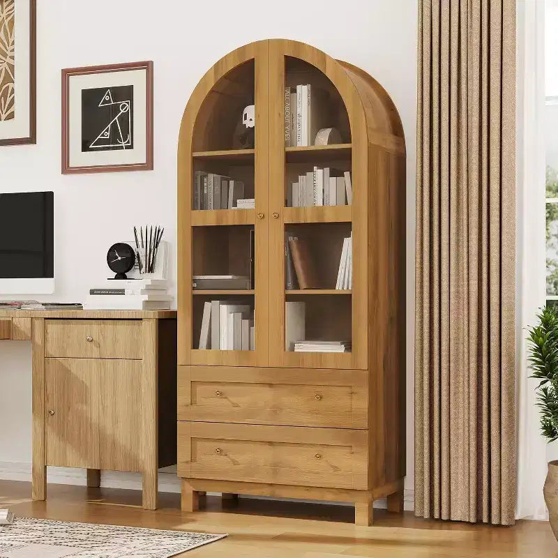 Meuble de rangement haut de cuisine de style campagnard avec tiroirs, étagères réglables et portes en acrylique, chêne clair