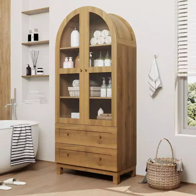 Meuble de rangement haut de cuisine de style campagnard avec tiroirs, étagères réglables et portes en acrylique, chêne clair