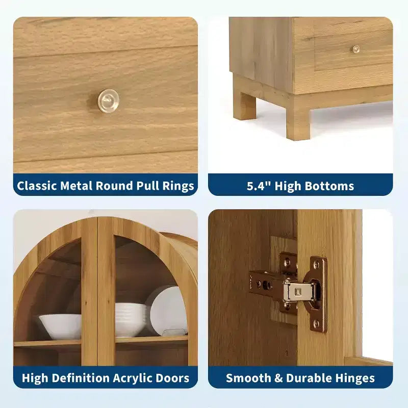 Meuble de rangement haut de cuisine de style campagnard avec tiroirs, étagères réglables et portes en acrylique, chêne clair