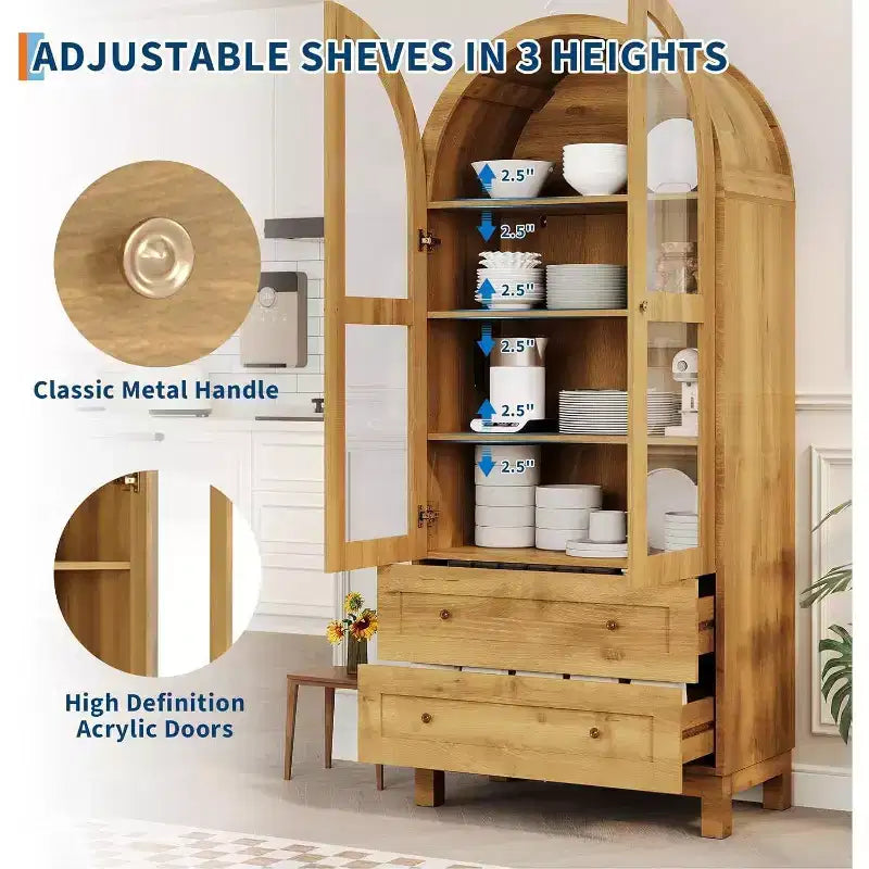 Meuble de rangement haut de cuisine de style campagnard avec tiroirs, étagères réglables et portes en acrylique, chêne clair