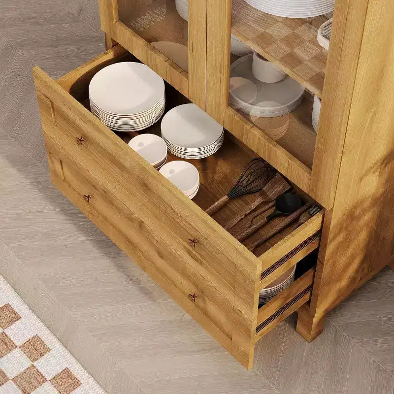 Meuble de rangement haut de cuisine de style campagnard avec tiroirs, étagères réglables et portes en acrylique, chêne clair