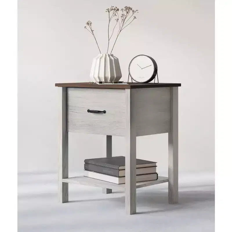 Table de chevet contemporaine avec tiroir et étagère ouverte, chêne blanc