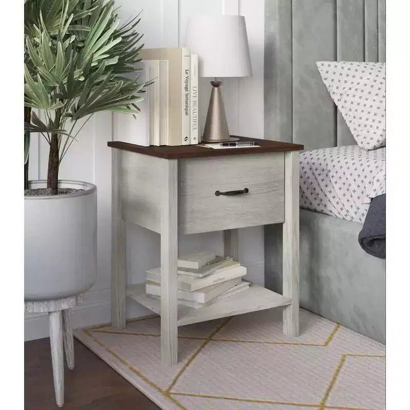Table de chevet contemporaine avec tiroir et étagère ouverte, chêne blanc
