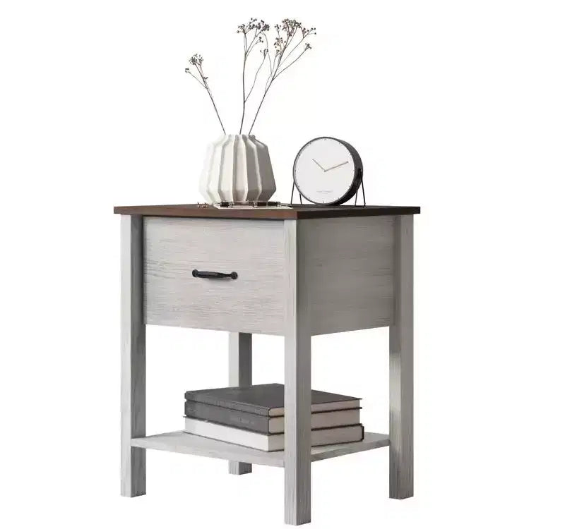 Table de chevet contemporaine avec tiroir et étagère ouverte, chêne blanc