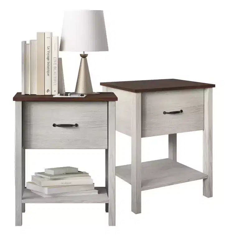 Table de chevet contemporaine avec tiroir et étagère ouverte, chêne blanc