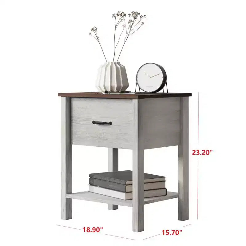 Table de chevet contemporaine avec tiroir et étagère ouverte, chêne blanc