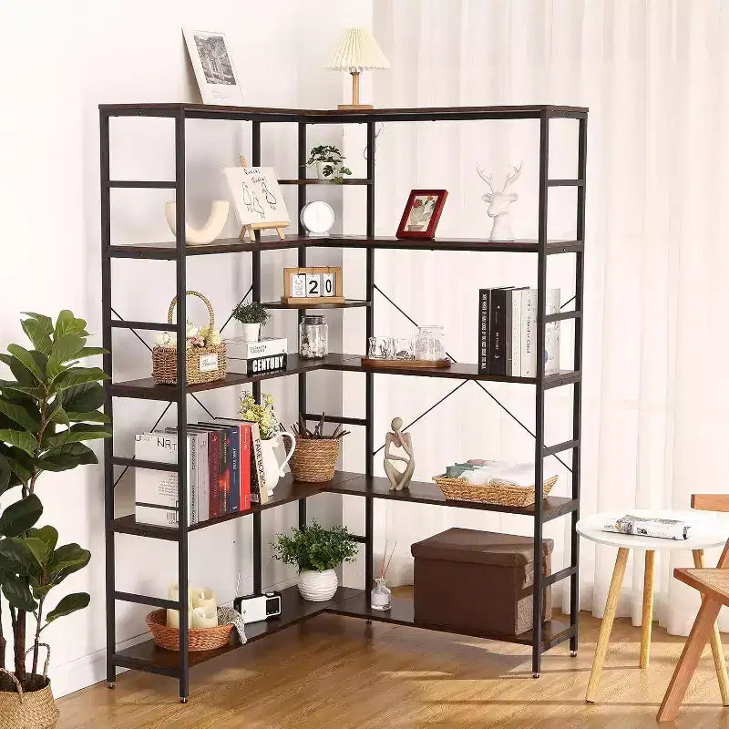 Bibliothèque d'angle à 5 niveaux en forme de L, avec cadre métallique et rangement ouvert, panneaux incurvés, style industriel vintage pour salon ou bureau