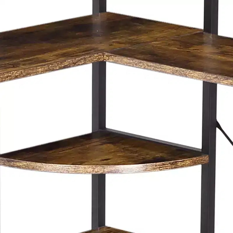 Bibliothèque d'angle à 5 niveaux en forme de L, avec cadre métallique et rangement ouvert, panneaux incurvés, style industriel vintage pour salon ou bureau