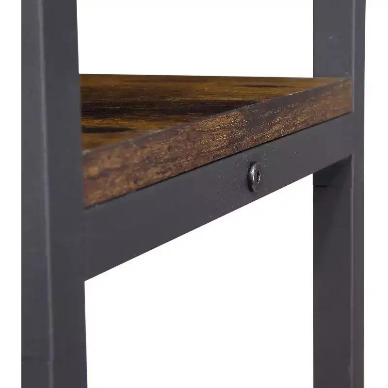 Bibliothèque d'angle à 5 niveaux en forme de L, avec cadre métallique et rangement ouvert, panneaux incurvés, style industriel vintage pour salon ou bureau