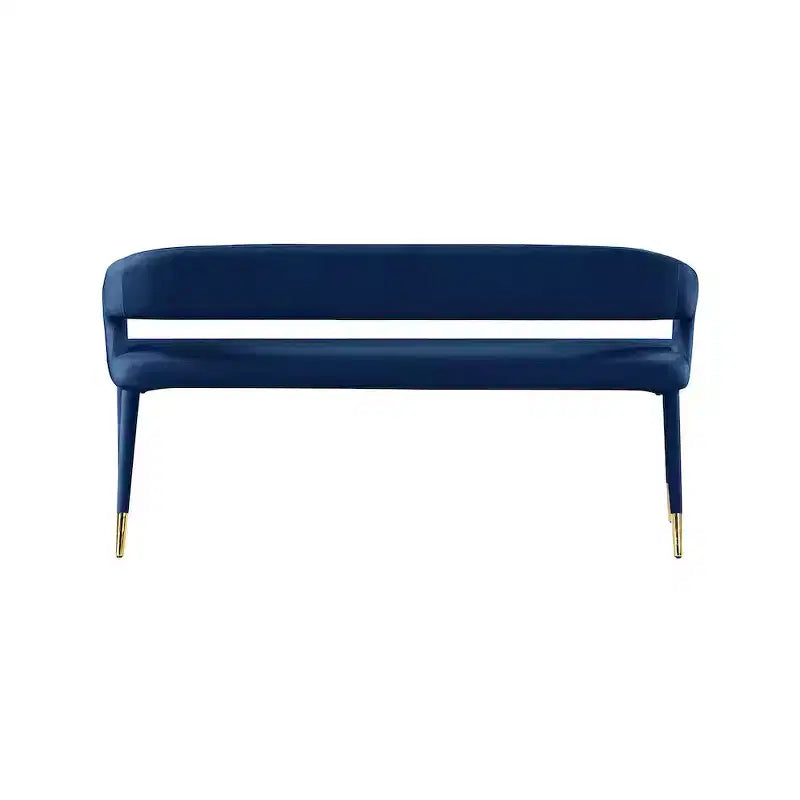 Banc rembourré en velours bleu marine avec pieds dorés, design contemporain