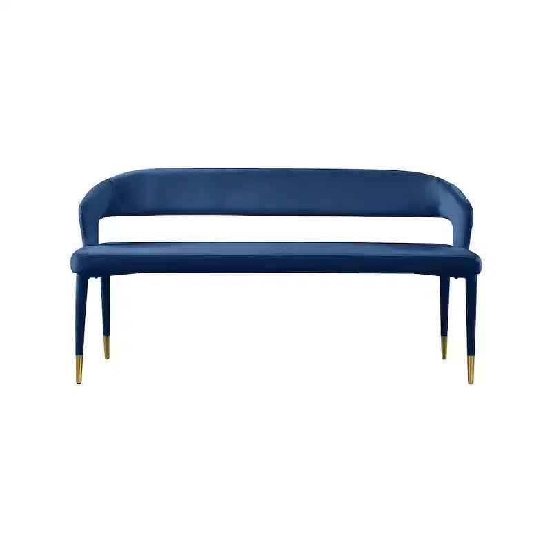 Banc rembourré en velours bleu marine avec pieds dorés, design contemporain